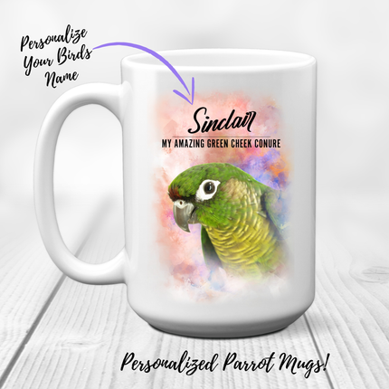 Personalized Green Cheek Conure Coffee Mug - perfect gift for parrot lovers